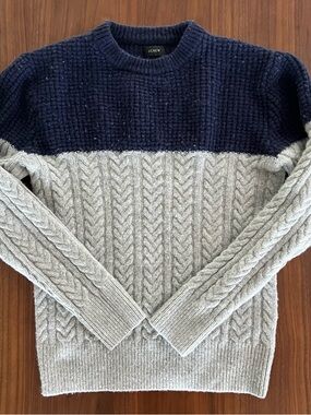 J. Crew Navy and Gray Thick Cable Knit Sweater Merino Wool